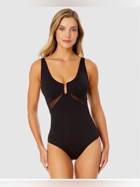 Anne Cole Mesh Around U Ring Mesh Insert One Piece Swimsuit Black 6 NWT